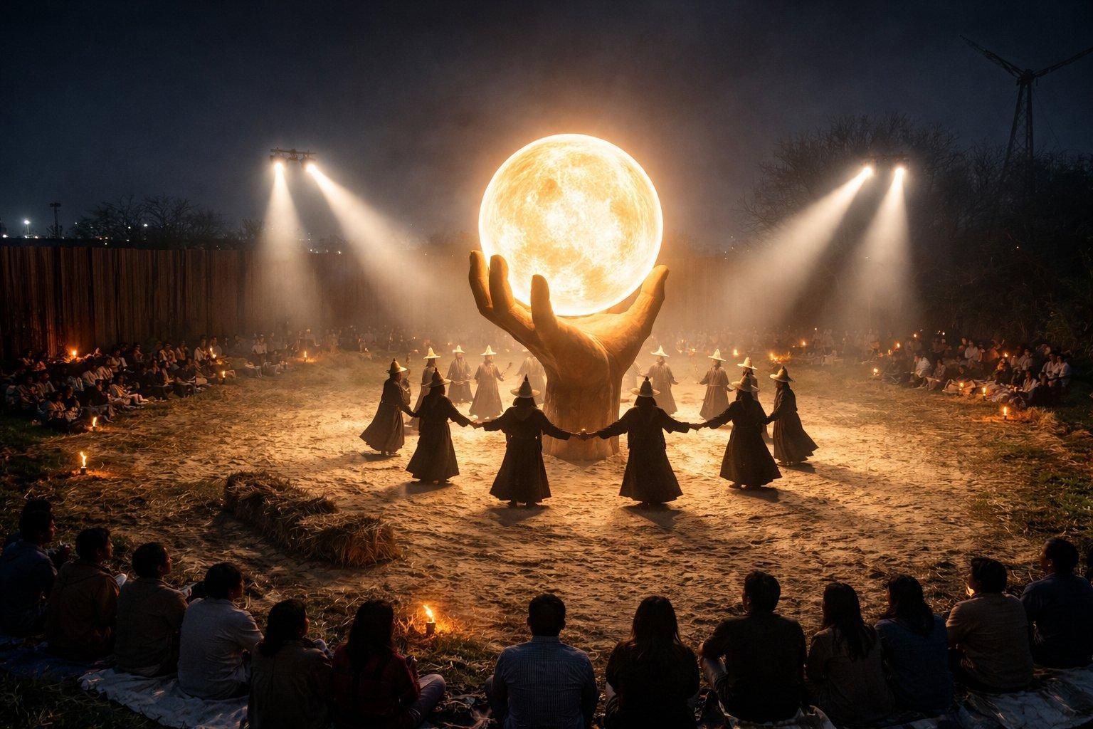 Sól at full awakening — a circle of dancers around a giant wooden hand holding a glowing orb, an audience seated in a ring, spotlights cutting through haze at night.
